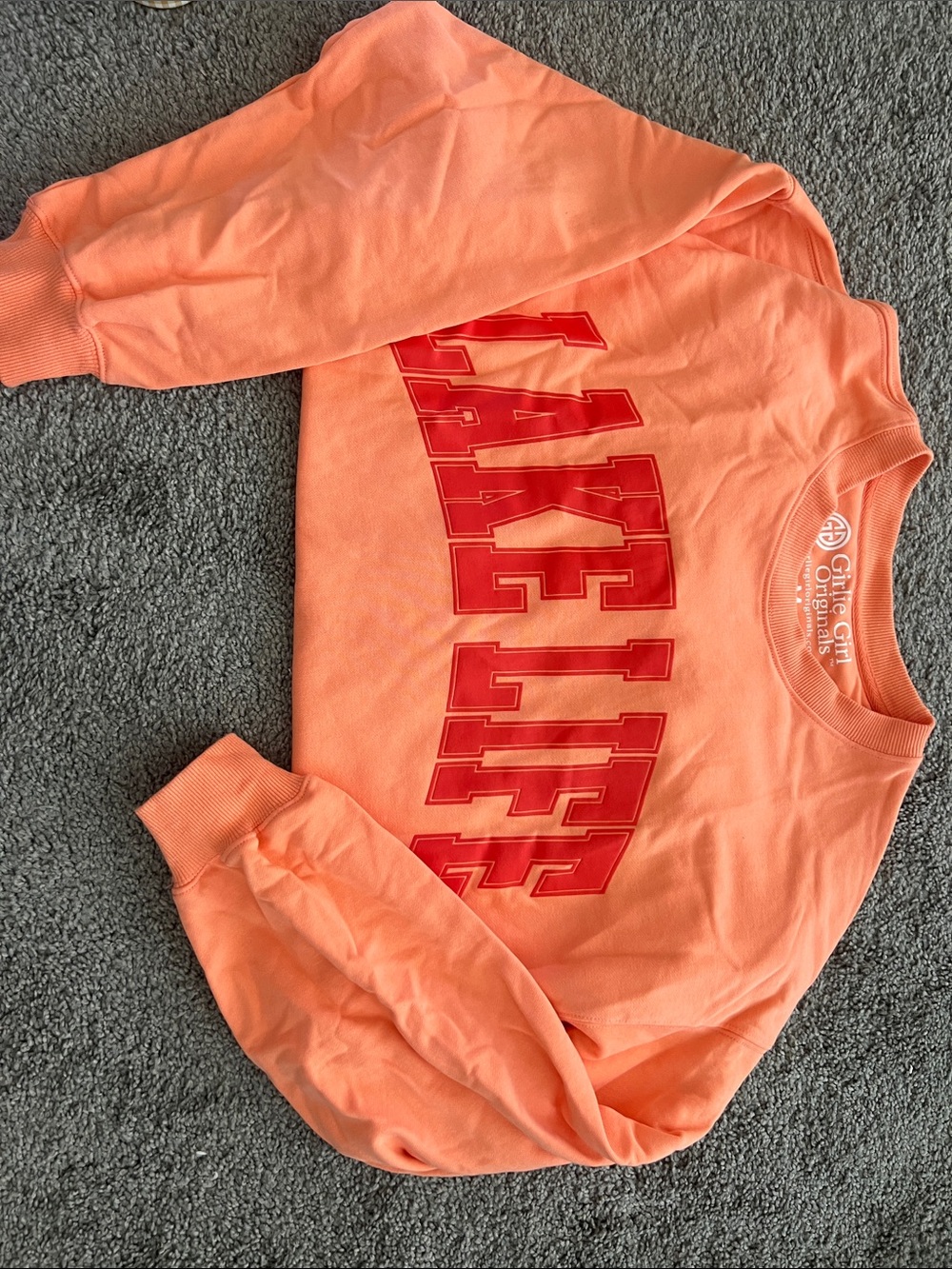 Girly Girl Coral Crewneck Sweatshirt with Red 'LAKE LIFE' Graphic, size M